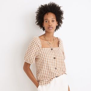 MADEWELL GINGHAM JACQUARD SQUARE NECK PUFF SLEEVE TOP